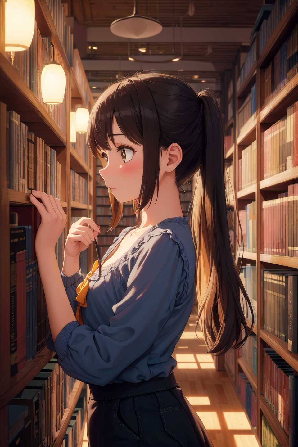 masterpiece,best quality,1girl,library,from side,illumination